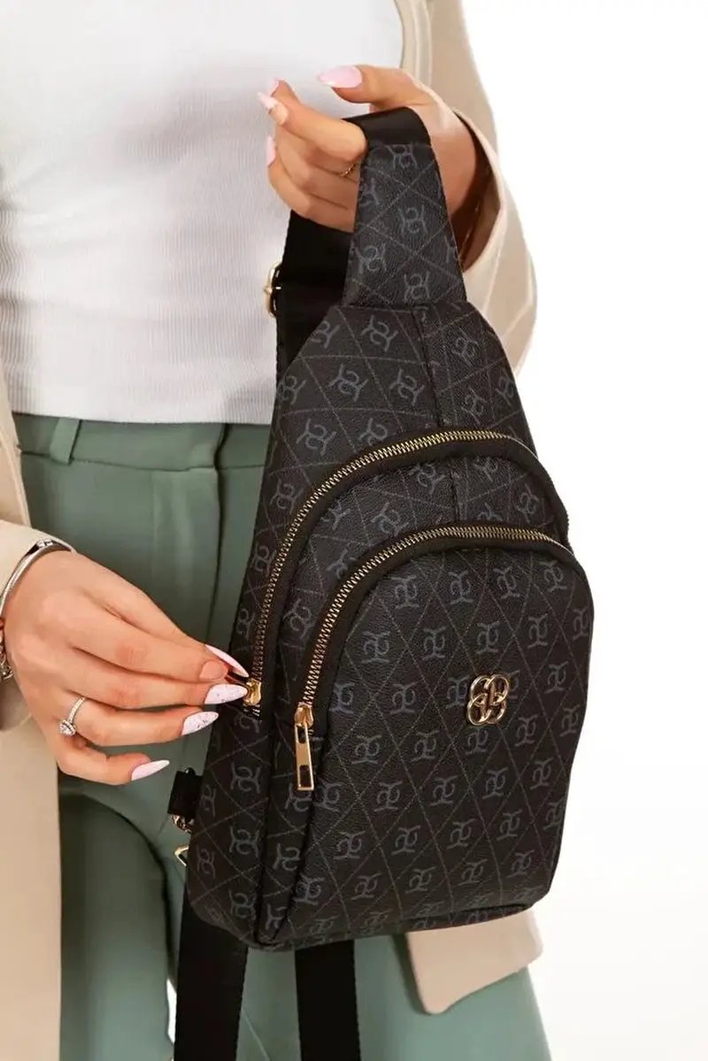 Women Black Leather Monogram Crossbody Belt Chest Shoulder Bag by All Mart Bristol Ltd