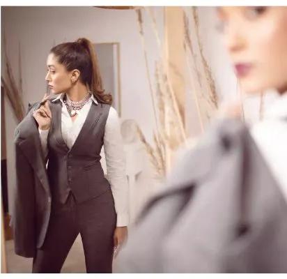 The slate grey 3-piece power pantsuit by EDKAY COLLECTION UK
