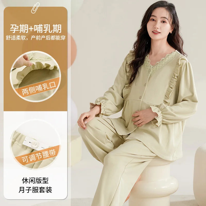 Maternity Women Pajamas Set Pregnant Pure Cotton Breastfeeding Loungewear Sweet Long Sleeve Trousers Cardigan 2 Piece Set Pjs by All Mart Bristol Ltd