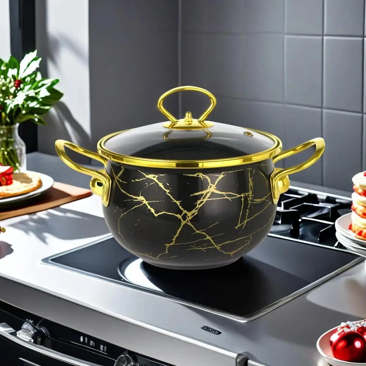 Floral Pattern Ceramic Stockpot, 1 Count Large Capacity Soup Pot Stew Pot with Glass Lid & Metal Handle, Household Cookware for Kitchen by All Mart Bristol Ltd