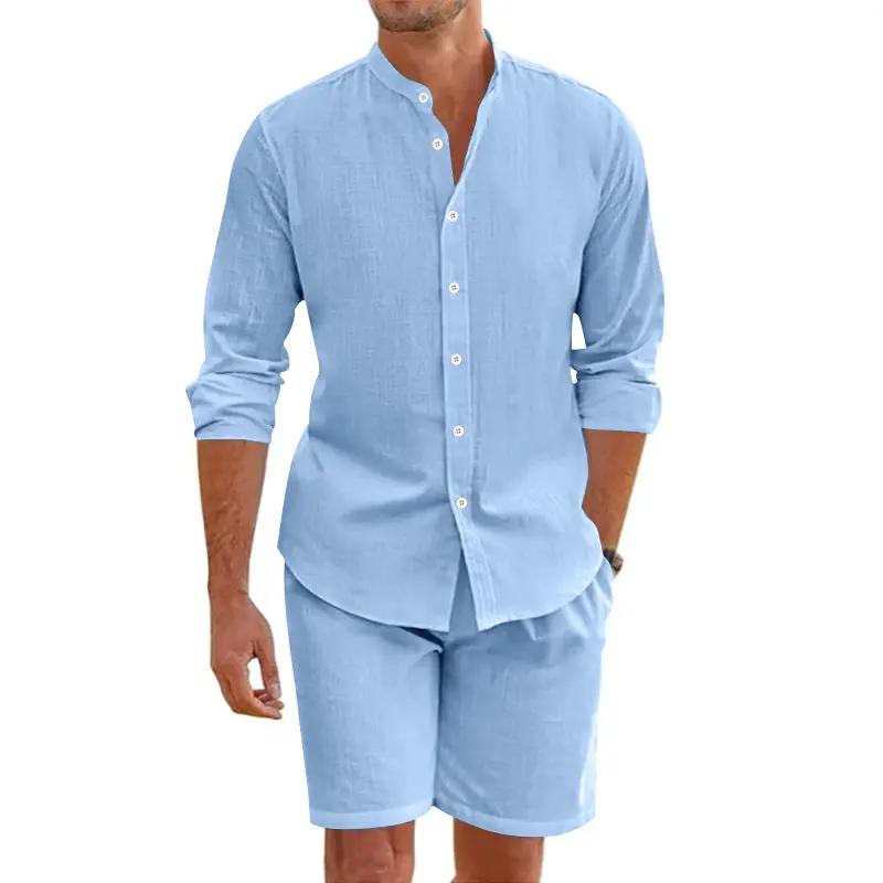 Summer Short Shirt Suit Fashion Lapel Button Down Short Sleeve Top And Drawstring Shorts Beach Clothing For Men by Dropshipman