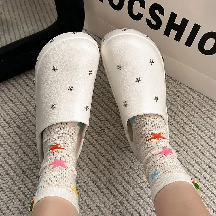 2026 New Spring Summer Women Closed Toe Half Slippers, Minimalist Design Metal Star Decor Platform Height Increasing Birken Style Comfort Outdoor Slides by Dropshipman