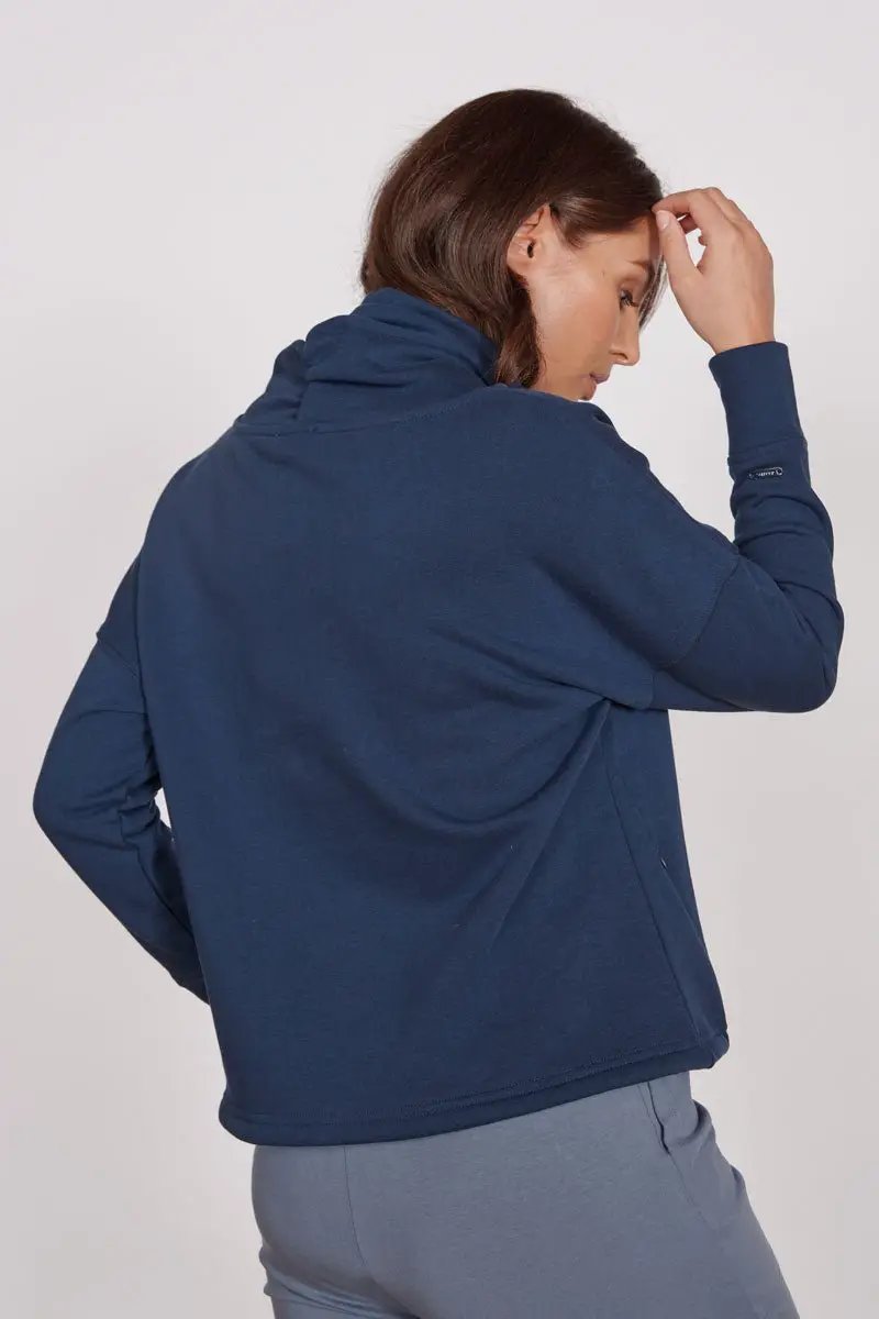 Evelyn Navy Cowl Neck Pullover Top by Jeetly.com