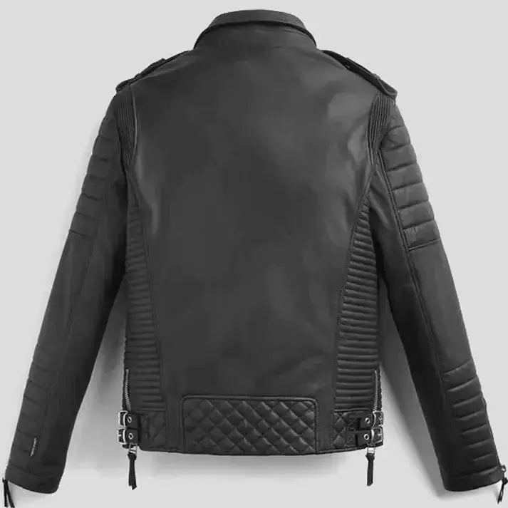 Mens Black Quilted Biker Leather Jacket by Riders Republic UK