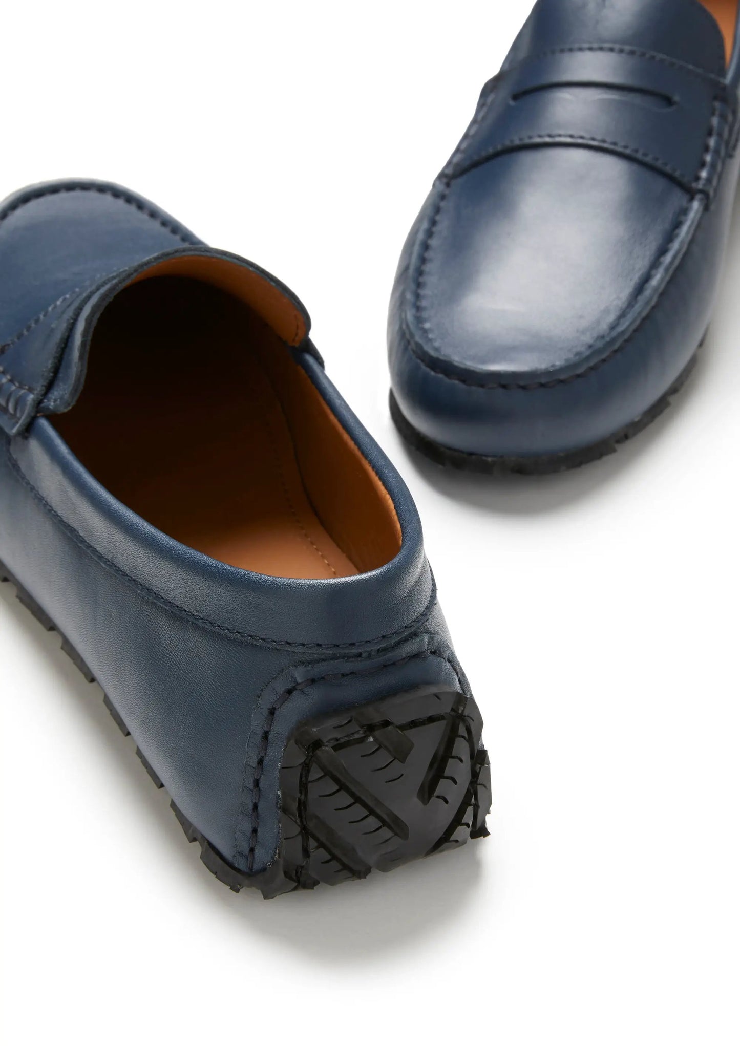 Tyre Sole Penny Driving Loafers, french navy leather by Hugs & Co.