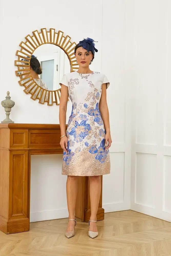 Silver floral jacquard short cape sleeves mother of the bride dress by EDKAY COLLECTION UK