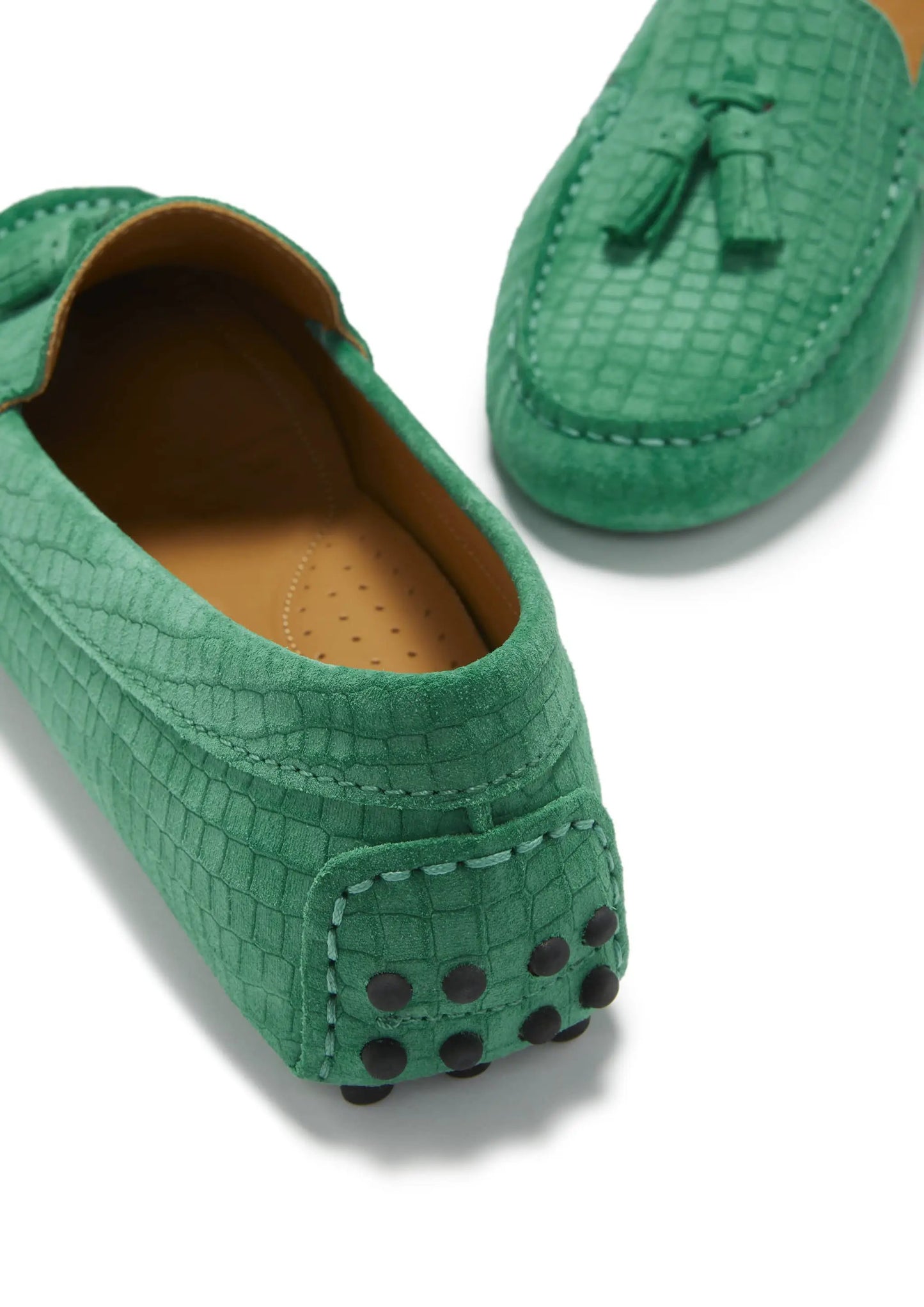 Women's Tasselled Driving Loafers, emerald embossed suede by Hugs & Co.