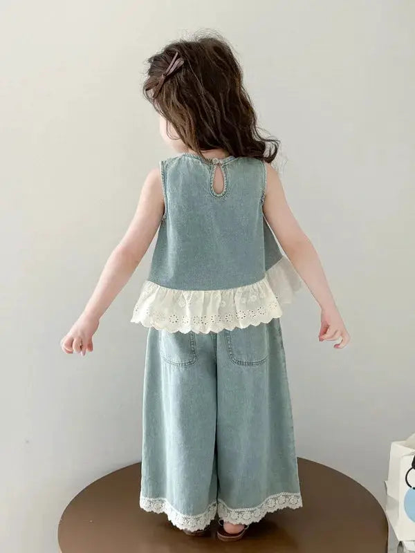 Girls' Summer Denim Vest Set Baby Fashionable Two-Piece Suit Breathable Lightweight Moisture-Wicking Machine Washable Sunscreen by All Mart Bristol Ltd
