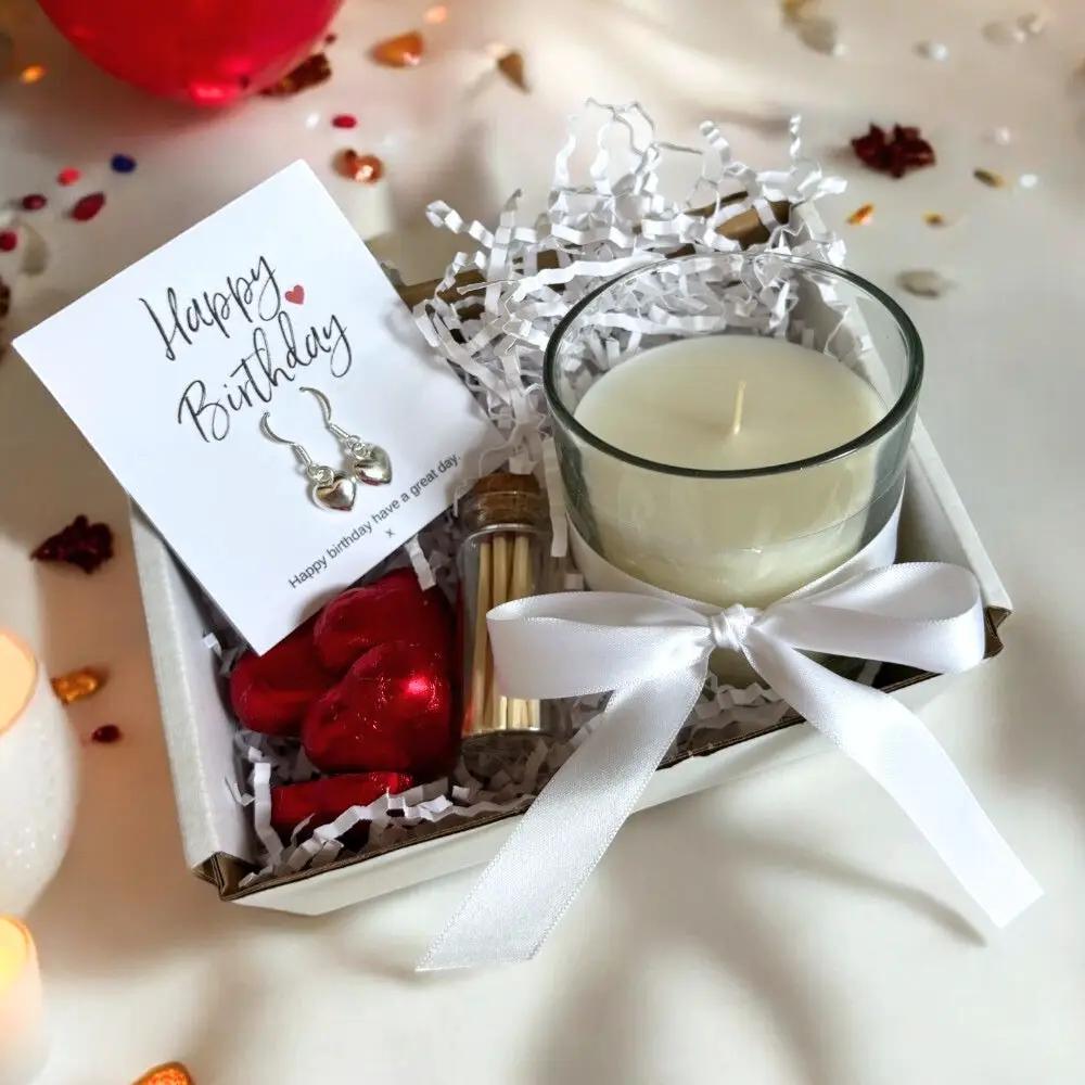 Small Happy Birthday Gift Hamper - Silver Heart Drop Earrings, Chocolates & Candle by Aye Do Gifts
