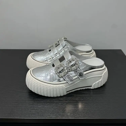 Women's Genuine Leather Platform Mules 2026 New Arrival, Square Buckle, Velcro, Rhinestone, Lazy Slip-on Closed-Toe Casual Slide Sandals by Dropshipman