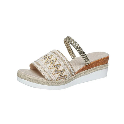 New Color-blocked Wave-patterned Sandals Summer Fashion Wedges Slippers Outdoor Ethnic Style One-line Thick-soled Shoes For Women by Dropshipman