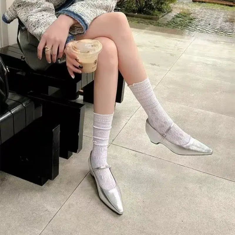 2026 New Arrival Sweet Elegant Shoes Women Wedge Heel Mary Jane Shoes Pointed Toe Women's Shoes Metal Buckle Trim Sandals 5413 by All Mart Bristol Ltd