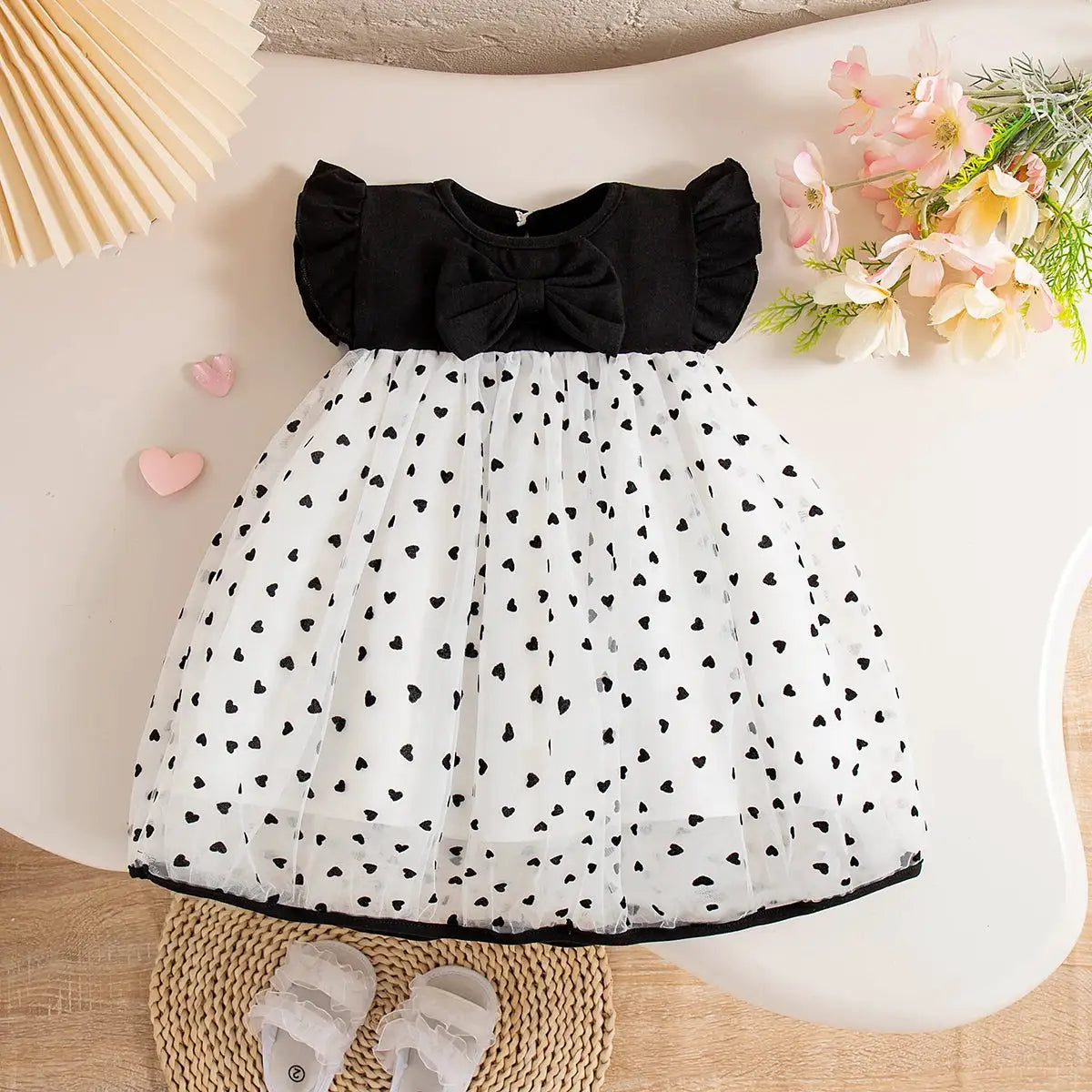 Baby Girl Dresses Summer New Flying Sleeve Love Embroidered Mesh Girl Dress Sweet Bow Round Neck Baby Clothing by All Mart Bristol Ltd