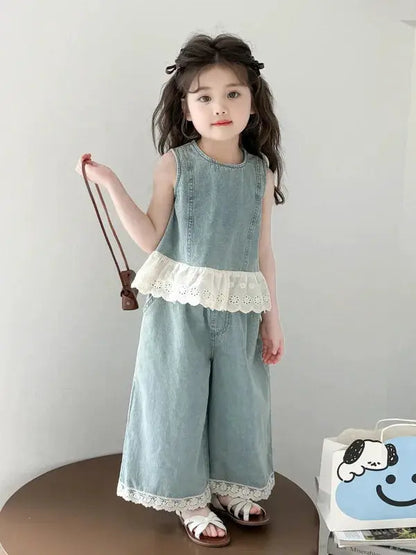 Girls' Summer Denim Vest Set Baby Fashionable Two-Piece Suit Breathable Lightweight Moisture-Wicking Machine Washable Sunscreen by All Mart Bristol Ltd