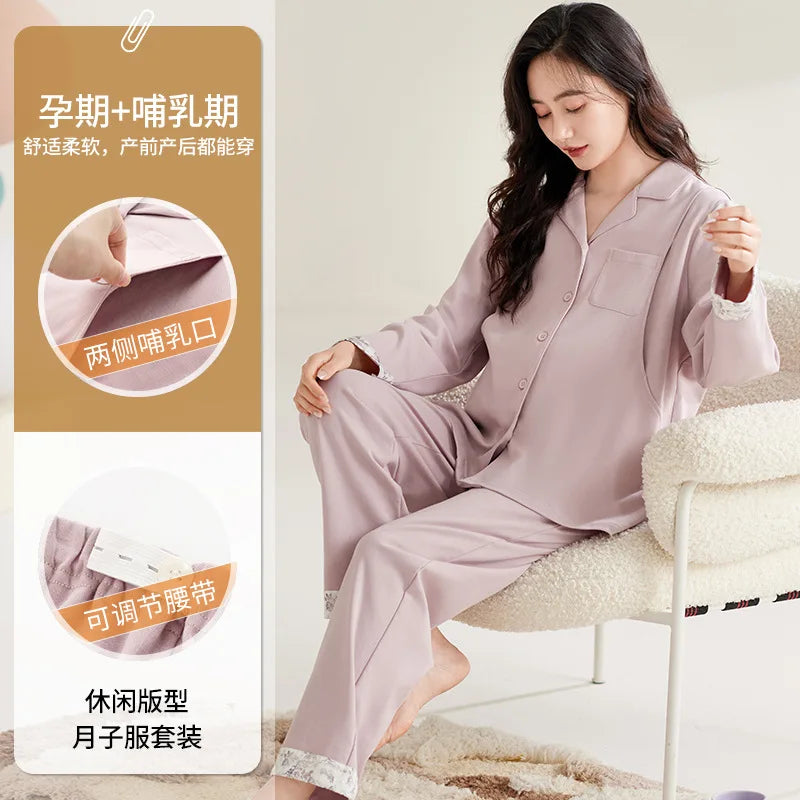 Maternity Women Pajamas Set Pregnant Pure Cotton Breastfeeding Loungewear Sweet Long Sleeve Trousers Cardigan 2 Piece Set Pjs by All Mart Bristol Ltd