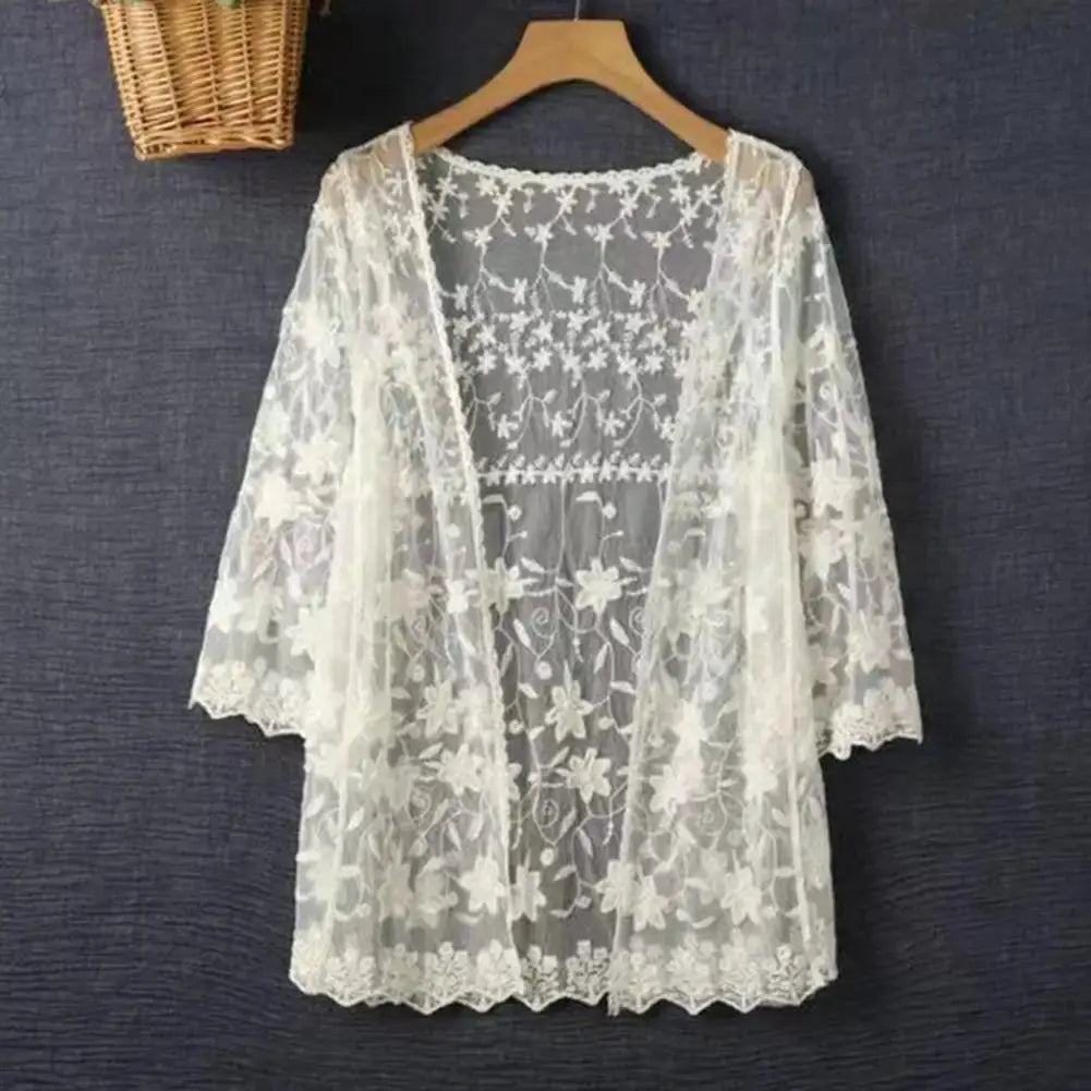 Handcrafted Lace Cardigan Crochet Women Cardigan 2025 3/4 Sleeve Hollow Out Open Front Sheer Sweater Boho Summer Knit Shrug by All Mart Bristol Ltd
