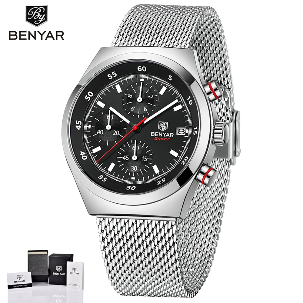 BENYAR Top Luxury Brand Men's Business Leisure Watch Mesh Band Quartz Timing Men's Watch 30 Meter Waterproof by All Mart Bristol Ltd