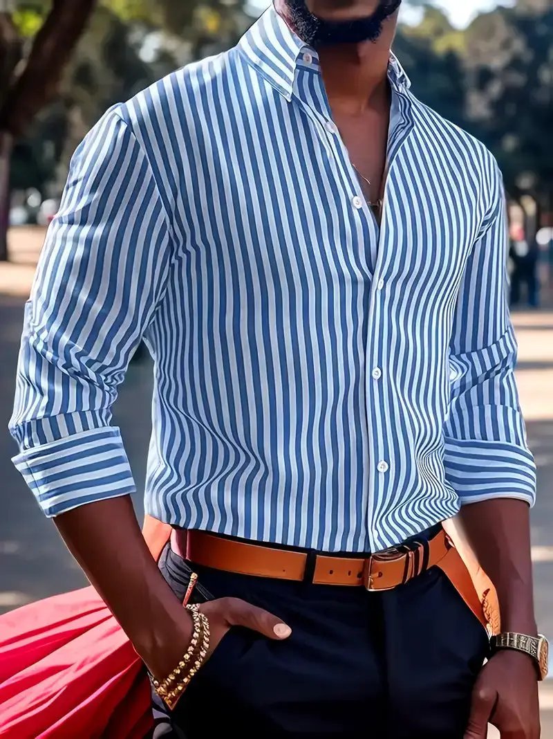 Ins Stripe Printed Long Sleeve Shirt Men Fashion Casual Lapel Button Top Clothing by Dropshipman