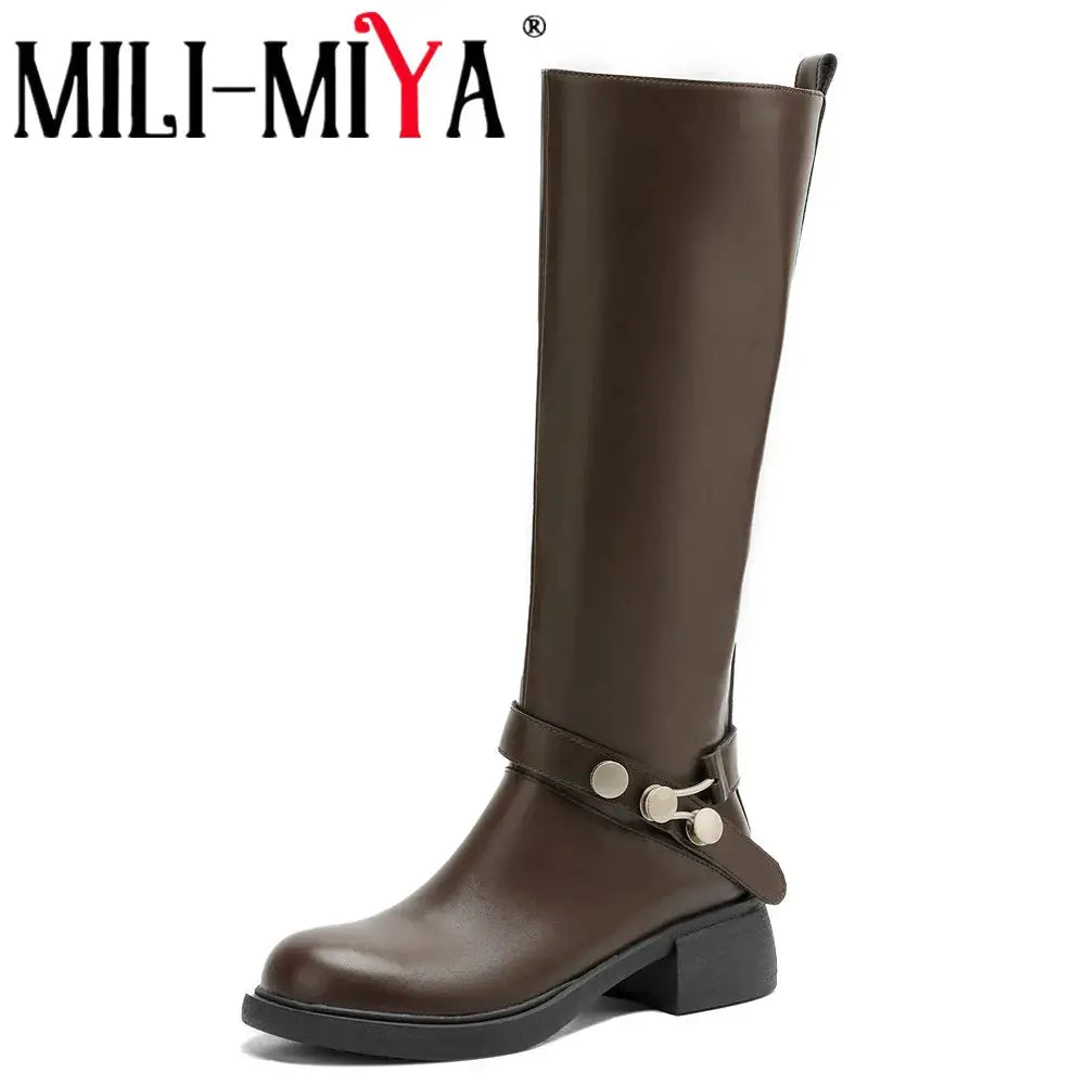 MILI-MIYA New Women's Cowhide Riding Boots Round-Toe Chunky Heel Solid-Colour Knee-High Boots Classic Metal Buckle Detail Handma by All Mart Bristol Ltd