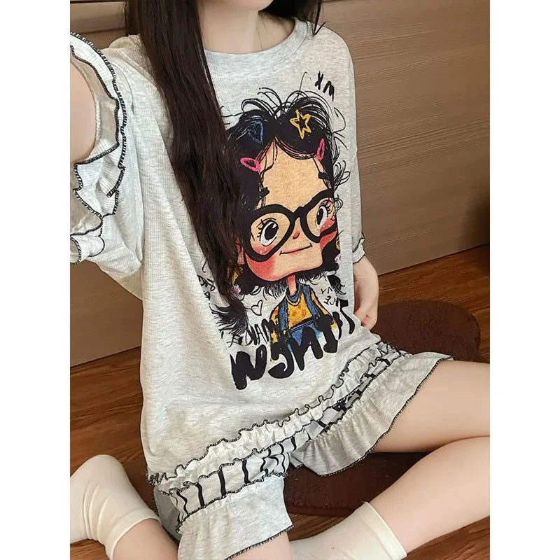 New Teenage Girls Casual Pajama Set Short Sleeves Shorts Two-piece Set with Cartoon Character Made of Modal Home Wear for Women by All Mart Bristol Ltd