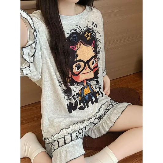 New Teenage Girls Casual Pajama Set Short Sleeves Shorts Two-piece Set with Cartoon Character Made of Modal Home Wear for Women by All Mart Bristol Ltd