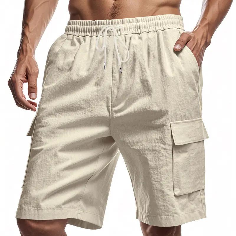 Loose Sports And Leisure Solid Color Linen Drawstring Shorts by Dropshipman