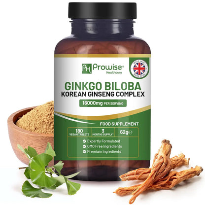 Ginkgo Biloba and Korean Ginseng Tablets 16000mg 180 Vegan Tablets by Prowise by Prowise Healthcare