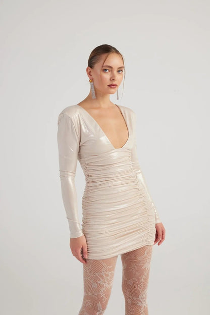 Karly Beige Shiny Mini Dress by Holly Lolly