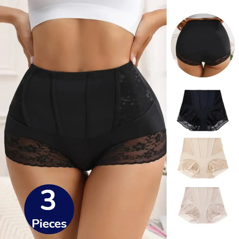 WarmSteps 3PCS Women's Shaper Panties High-Waist Lace Sexy Lingerie Abdominal Tightener Female Briefs Fishbone Waist SlimmingHot by All Mart Bristol Ltd