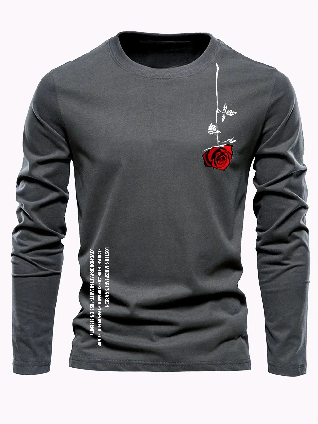 100% pure cotton men's long sleeved round neck loose casual rose letter printed spring and autumn versatile T-shirt top by All Mart Bristol Ltd