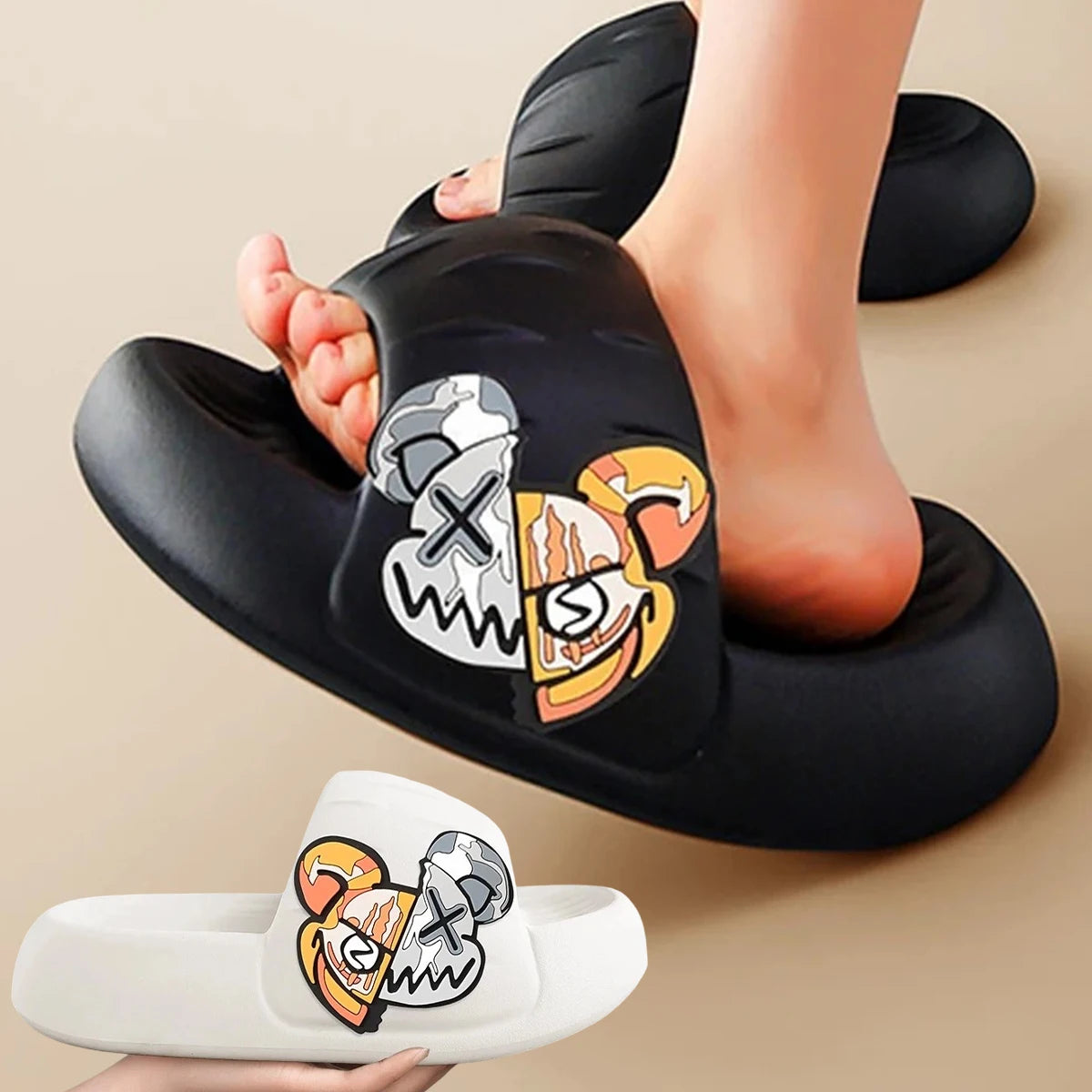 Women's House BathSlippers Thick Sole Personality Cool Bear Pattern Design Casual Fashion Black White Beach IndoorSummer Couple by All Mart Bristol Ltd