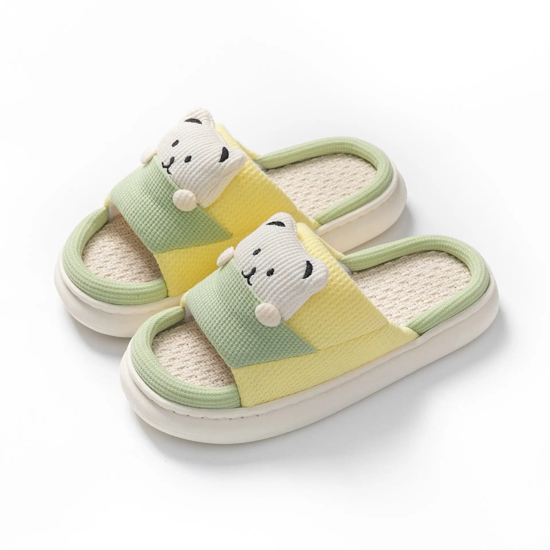 Cute Cartoon Bear Slippers Spring And Autumn Fashion Thick-soled Mute Linen Slipper Women's House Shoes by Dropshipman