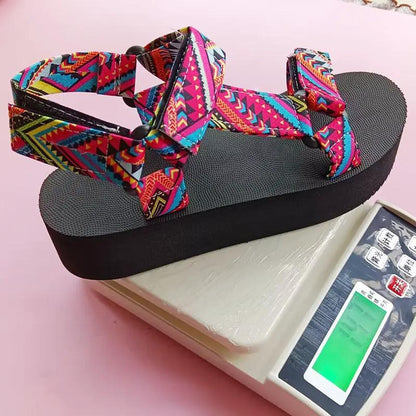 Printed Velcro-design Sandals Summer Ethnic Style Thick Flat Sandals Women's Fashion Casual Beach Shoes by Dropshipman