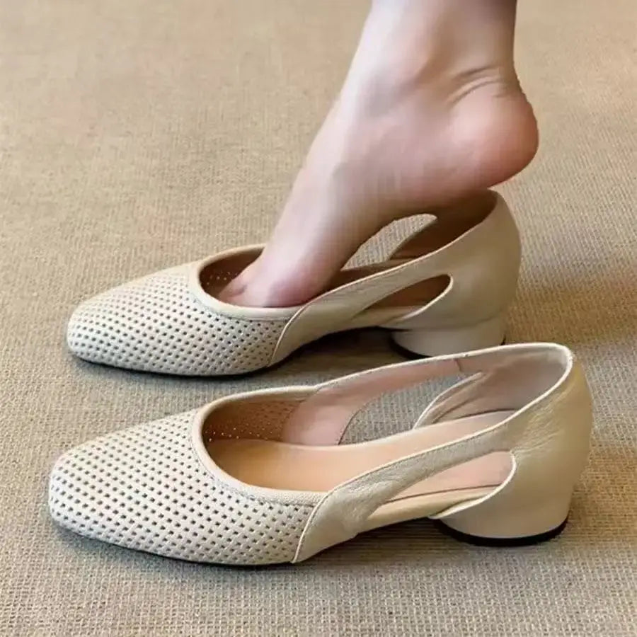 Spring Summer Women's Breathable Square Toe Low Heel Slip On Flats - French Vintage Soft Sole Casual Commuter Office Shoes by All Mart Bristol Ltd