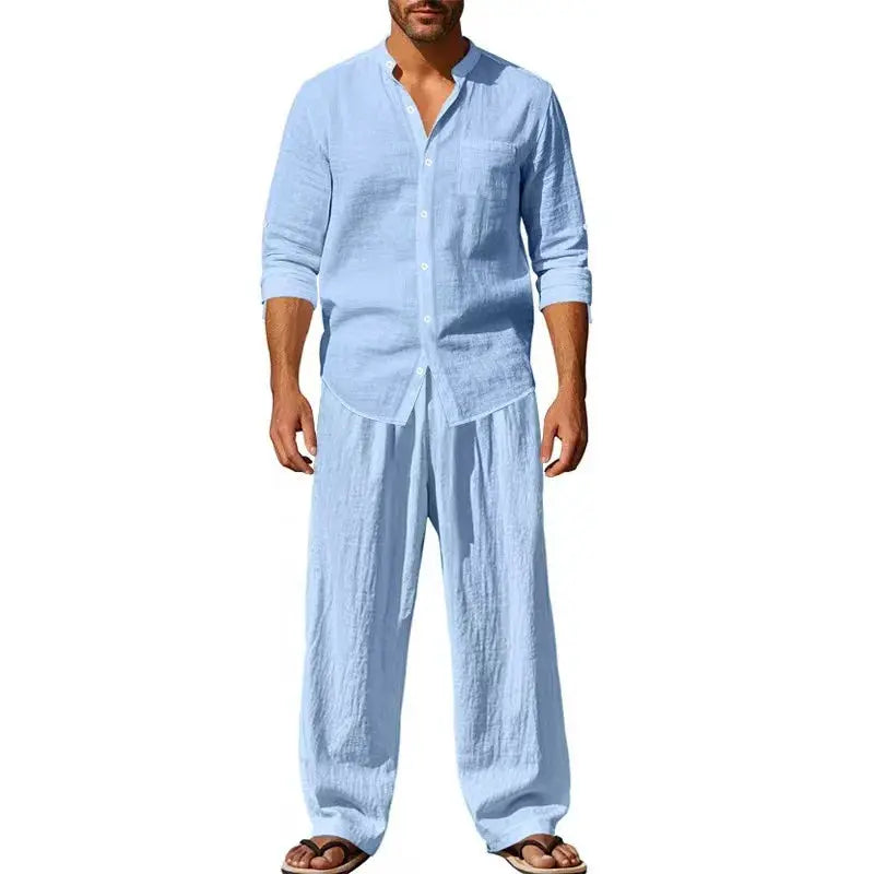 2026 Four Seasons Linen Men's Casual Loose Breathable Long Sleeve Pants Shirt Set by All Mart Bristol Ltd