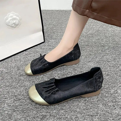 Chinese Style Color Block Slip-on Flats, Low Heel Comfortable Versatile Work Shoes for Women by All Mart Bristol Ltd