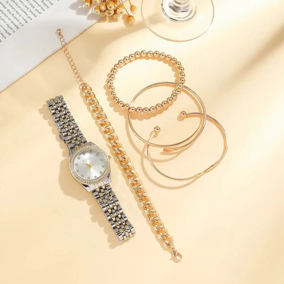 No gift box New style steel strap light luxury fashion quartz wristwatch pearl string bracelet 5 pieces set by All Mart Bristol Ltd