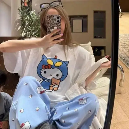 Short Sleeved Hello Kitty Printed T-Shirt Sanrio Women's Summer New Loose Design Versatile Pure Cotton Tops Fun Street Fashion by All Mart Bristol Ltd