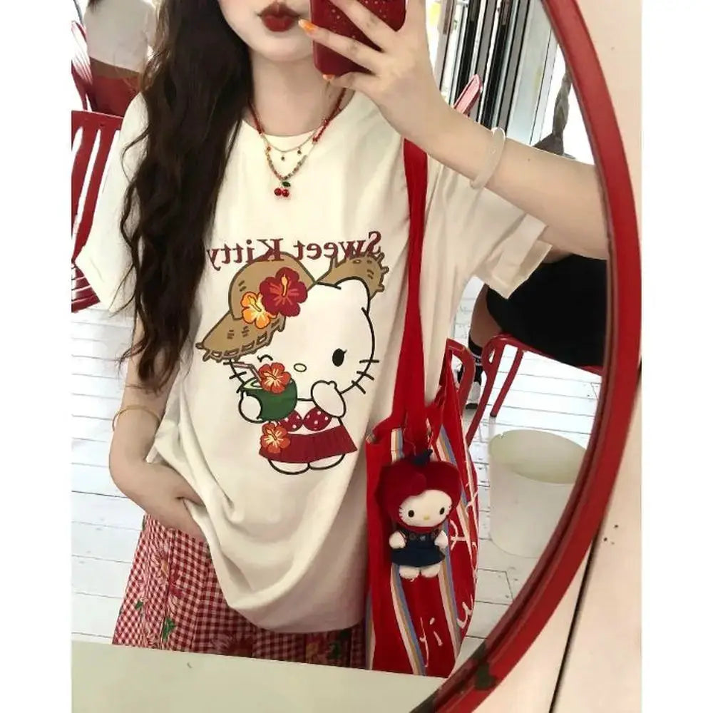 Short-Sleeved T-Shirt Summer New Hello Kitty Printed Cartoon Cute Sanrio Half-Sleeved T-Shirt Pure Cotton Shirt Women's Tops by All Mart Bristol Ltd