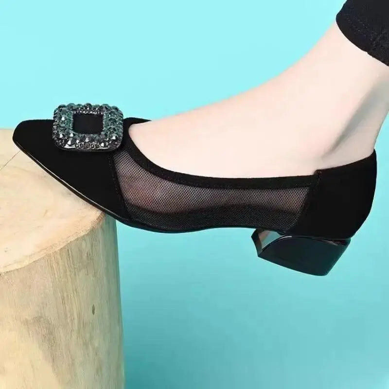 Elegant Pointed Toe Mesh Block Heel Pumps, Rhinestone Square Buckle Decorated Shallow Shoes, Breathable Office Shoes for Women by All Mart Bristol Ltd