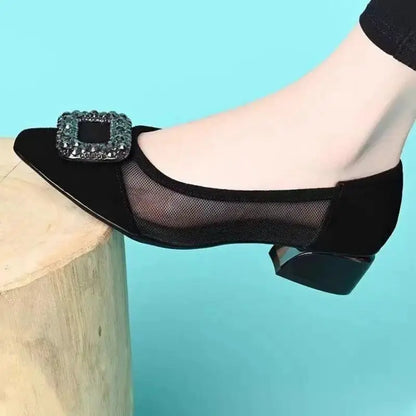 Elegant Pointed Toe Mesh Block Heel Pumps, Rhinestone Square Buckle Decorated Shallow Shoes, Breathable Office Shoes for Women by All Mart Bristol Ltd