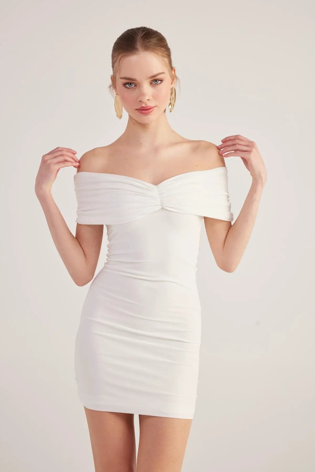 Muse White Bardot Neck Mini Dress by Holly Lolly