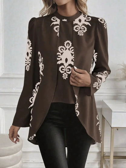 2026 Fashion Women's Long Sleeve Print Blouse, Elegant Office Top with Fake Two-Piece Design by All Mart Bristol Ltd
