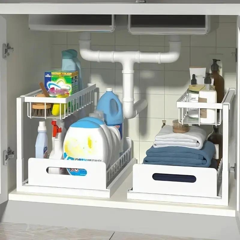 Kitchen Fixed Shelf Sink Storage, Sliding Pull-Out Cabinet Arrangement Rack, Metal Sliding Drawer, Bathroom Organizing Accessories, for Kitchen Bathroom Refrigerator Cabinet Organization Rack, Kitchen Storage Essential Goods by All Mart Bristol Ltd