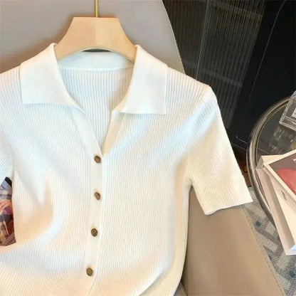 Chic Knitted Polo-neck Shirt Women's 2025 Korean Summer Thin Cardigan Short Sleeve T-Shirt Casual Single Breasted Knitwear Tops by All Mart Bristol Ltd