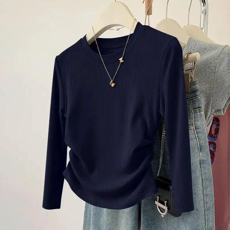 Spring and Autumn Women's Threaded T-shirt Top Soft Solid Color Round Neck Long Sleeve Fashionable Slimming Bottom Shirt by All Mart Bristol Ltd