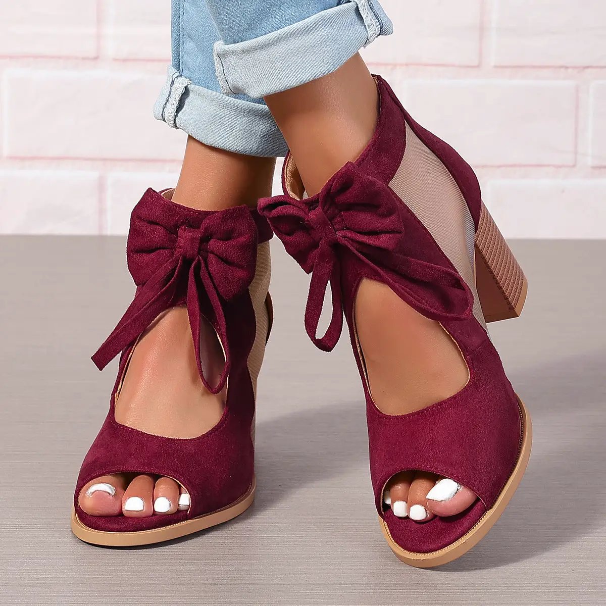 Platform Chunky High Heels Women's Sandals Bow Decoration Open Toe Block Ankle Strap Sandals For Dress Bridal Party Shoes by Dropshipman