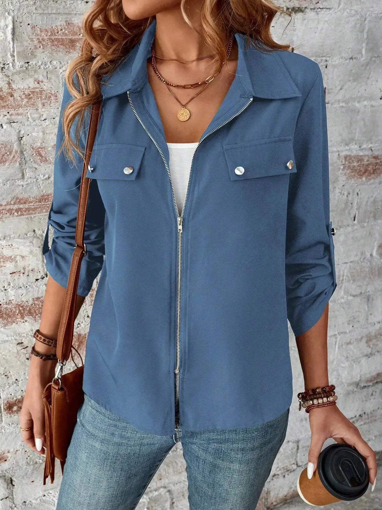 New Style European-Style Collar Zipper Cardigan with A Hood and A Plain-Colored Long-Sleeved Coat for Women by All Mart Bristol Ltd