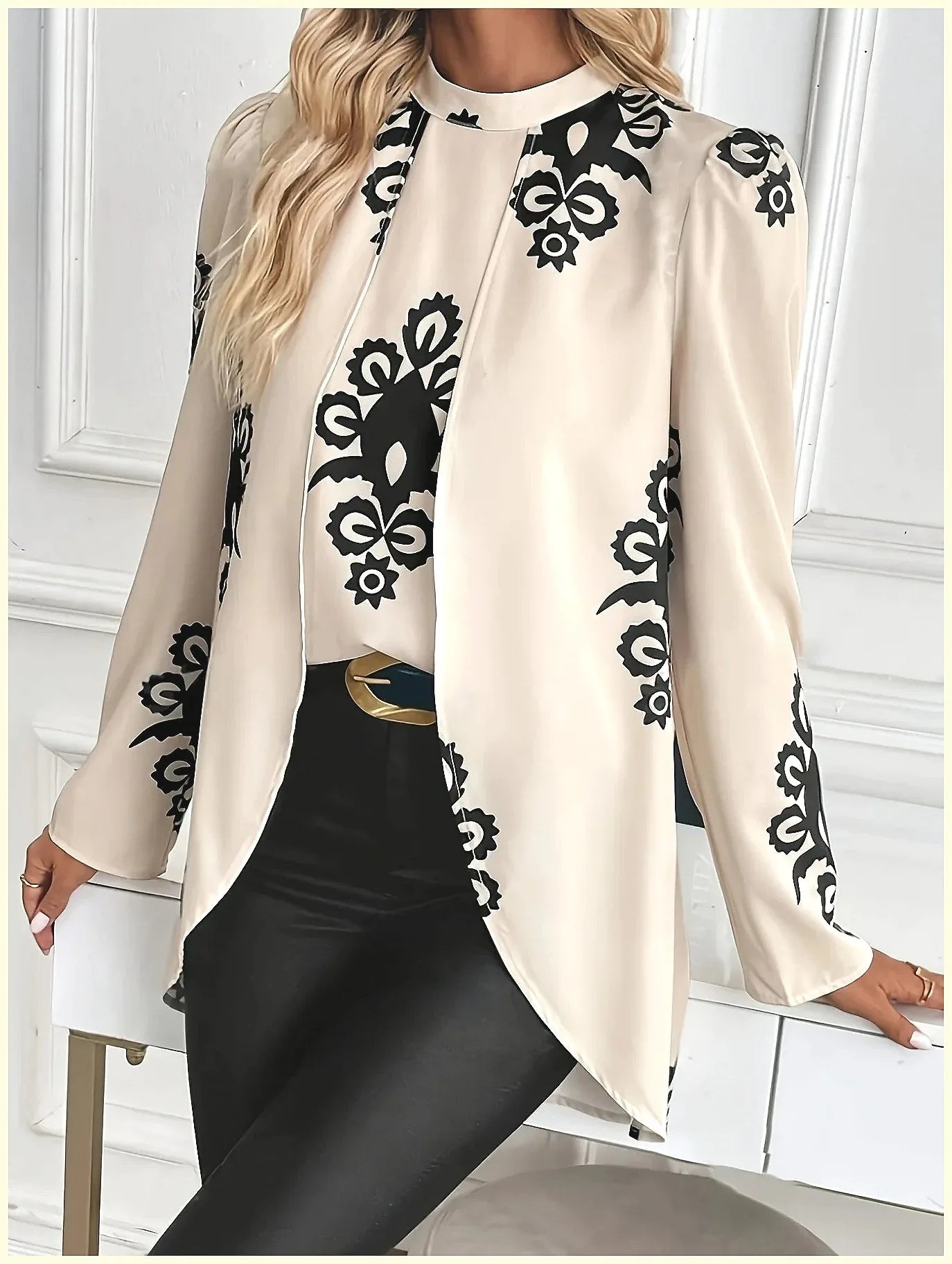 2026 Fashion Women's Long Sleeve Print Blouse, Elegant Office Top with Fake Two-Piece Design by All Mart Bristol Ltd