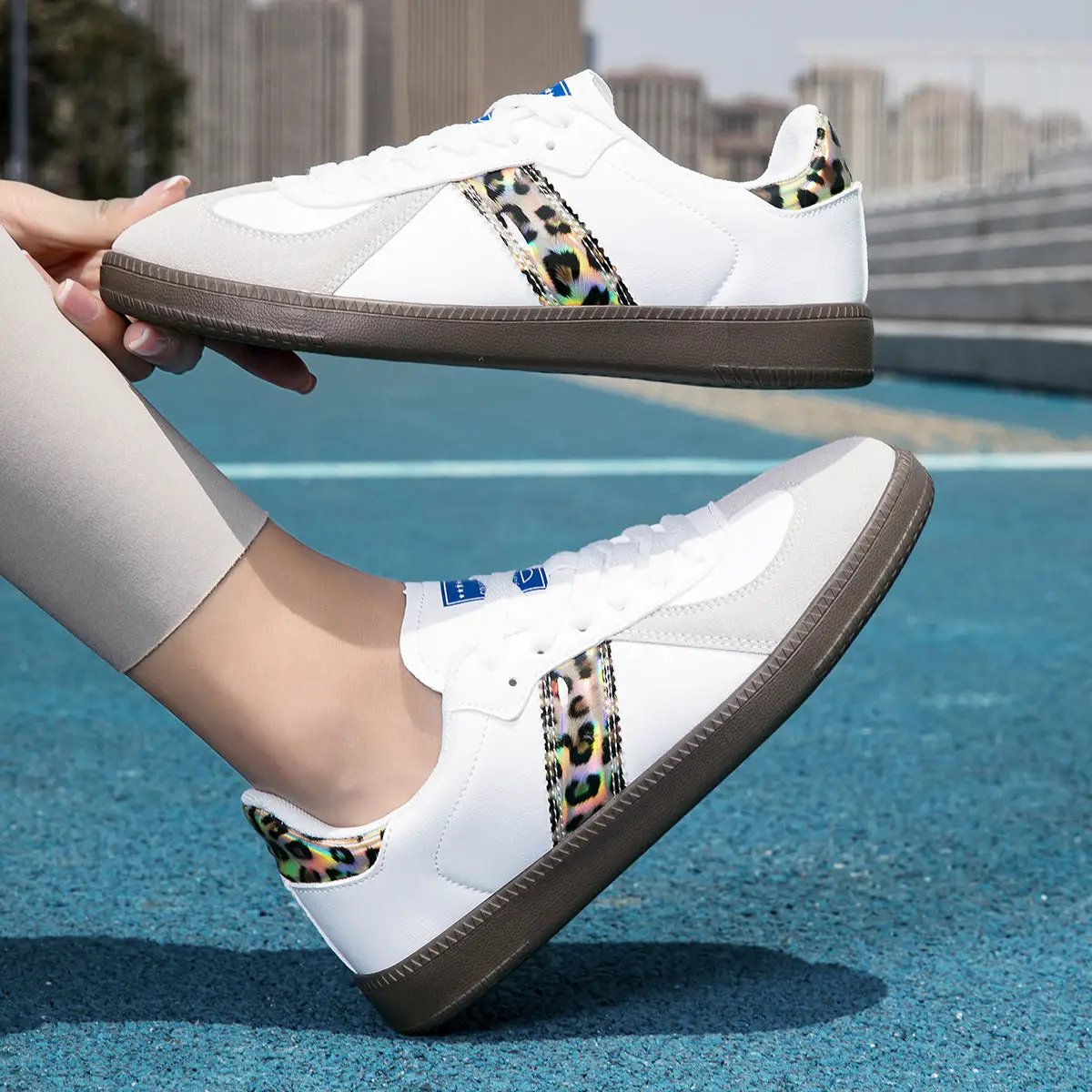 Womens Style White Lace Up Casual Sneakers With A Leopard Print Flat Sole by Dropshipman